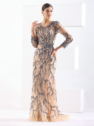 Tulle Sheath/Column Scoop Neck Sweep Train with Sequins Prom Dresses #JCD020103818