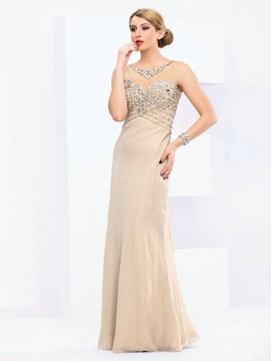 Tulle Chiffon Sheath/Column Scoop Neck Floor-length with Crystal Detailing Prom Dresses #JCD020103825
