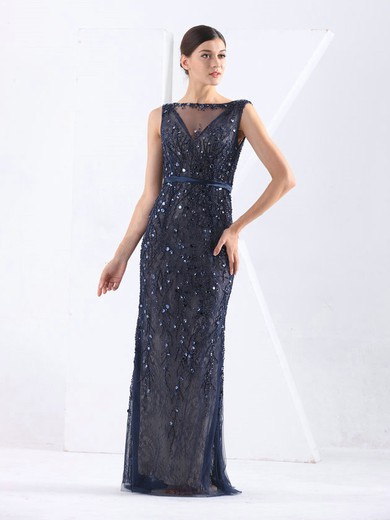 Tulle Lace Sheath/Column Scoop Neck Sweep Train with Sashes / Ribbons Prom Dresses #JCD020103826
