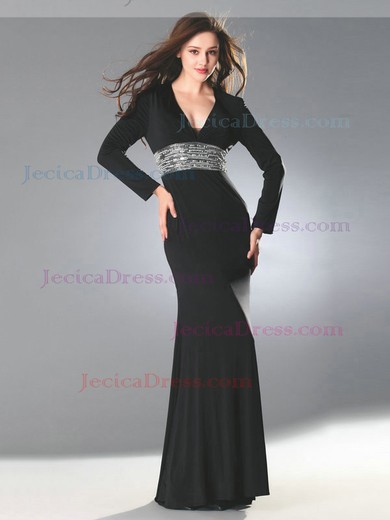 Tulle Chiffon Sheath/Column V-neck Floor-length with Beading Prom Dresses #JCD020103827