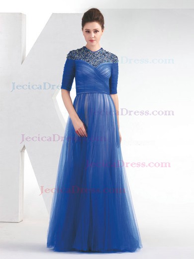 Tulle A-line High Neck Floor-length with Crystal Detailing Prom Dresses #JCD020103828
