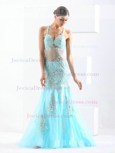 Tulle Trumpet/Mermaid V-neck Sweep Train with Appliques Lace Prom Dresses #JCD020103834