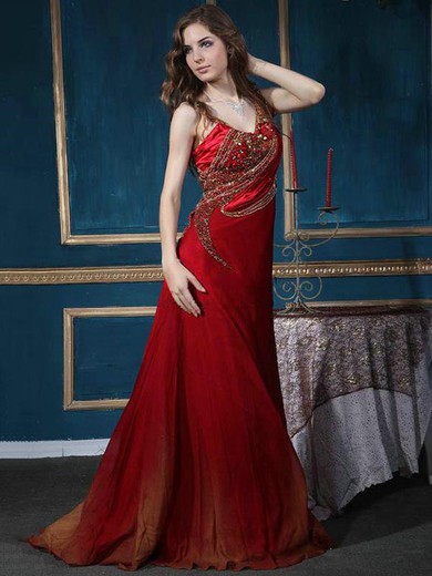 Chiffon A-line V-neck Sweep Train with Sequins Prom Dresses #JCD020103869