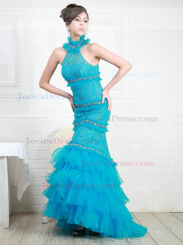 Lace Tulle Trumpet/Mermaid High Neck Sweep Train with Tiered Prom Dresses #JCD020103911