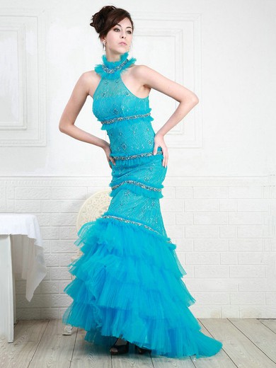Lace Tulle Trumpet/Mermaid High Neck Sweep Train with Tiered Prom Dresses #JCD020103911