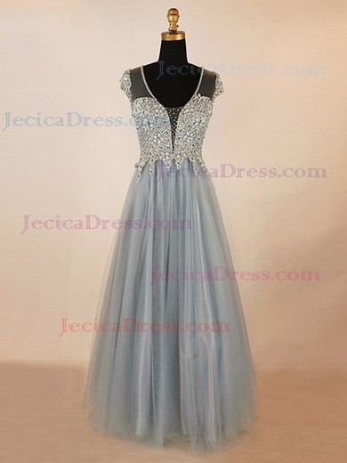 Tulle A-line V-neck Floor-length with Crystal Detailing Prom Dresses #JCD020103999