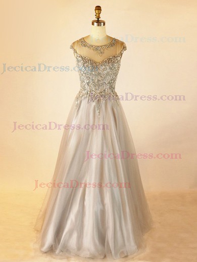 Tulle A-line Scoop Neck Floor-length with Beading Prom Dresses #JCD020104000