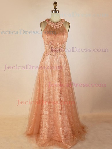 Tulle Lace A-line Scoop Neck Floor-length with Pearl Detailing Prom Dresses #JCD020104001