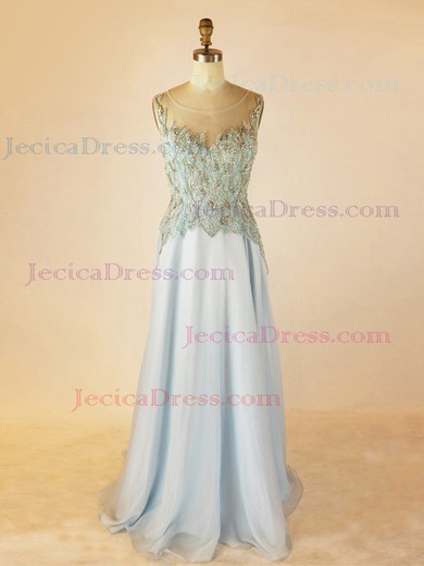 Tulle A-line Scoop Neck Sweep Train with Beading Prom Dresses #JCD020104002