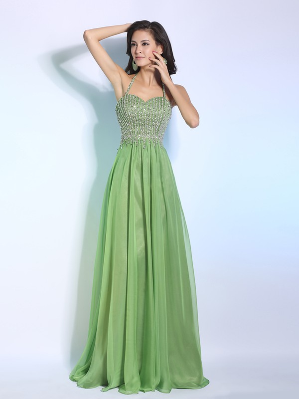 Affordable A-line Chiffon Beading Open Back Halter Prom Dress #JCD02014284
