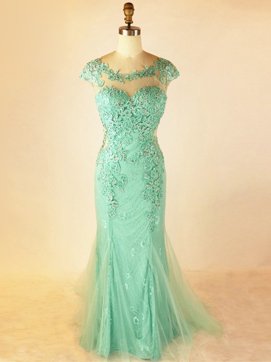 Tulle Lace Trumpet/Mermaid Scoop Neck Sweep Train with Appliques Lace Prom Dresses #JCD020104012