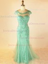 Tulle Lace Trumpet/Mermaid Scoop Neck Sweep Train with Appliques Lace Prom Dresses #JCD020104012