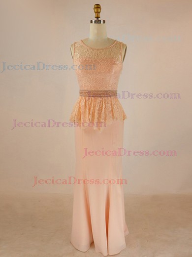 Lace Chiffon Sheath/Column Scoop Neck Floor-length with Beading Prom Dresses #JCD020104014