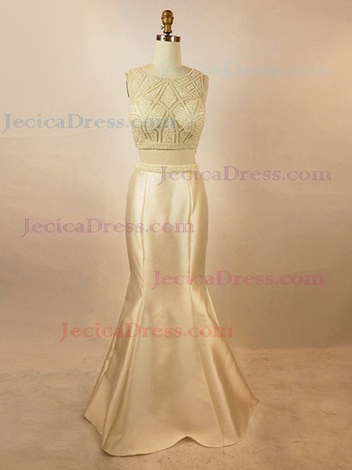 Satin Tulle Trumpet/Mermaid Scoop Neck Floor-length with Pearl Detailing Prom Dresses #JCD020104024