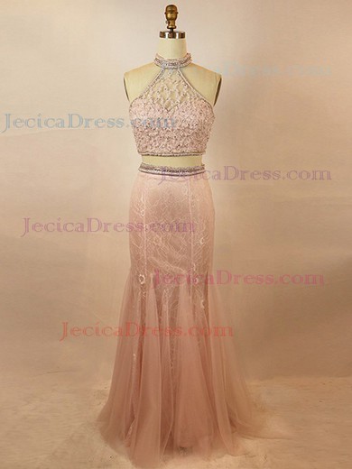 Tulle Lace Trumpet/Mermaid High Neck Sweep Train with Sequins Prom Dresses #JCD020104026