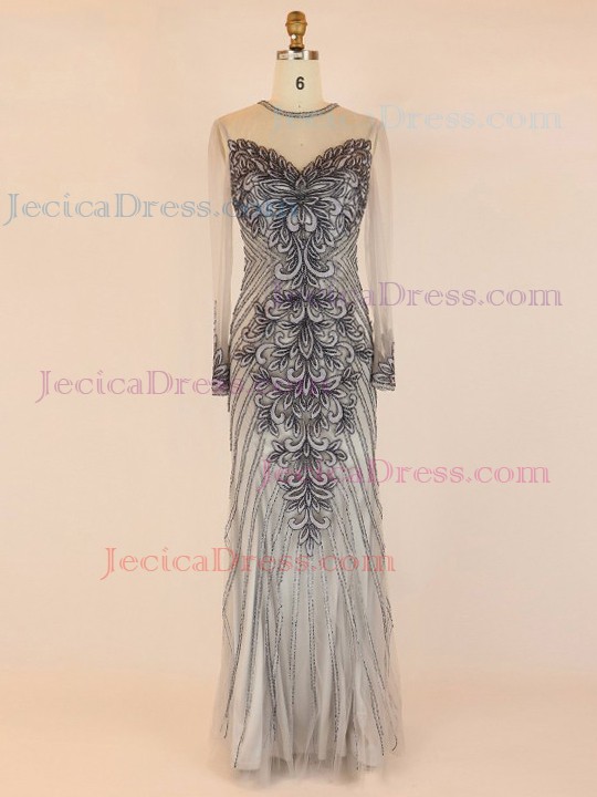 Tulle Sheath/Column Scoop Neck Floor-length with Embroidered Prom Dresses #JCD020104031