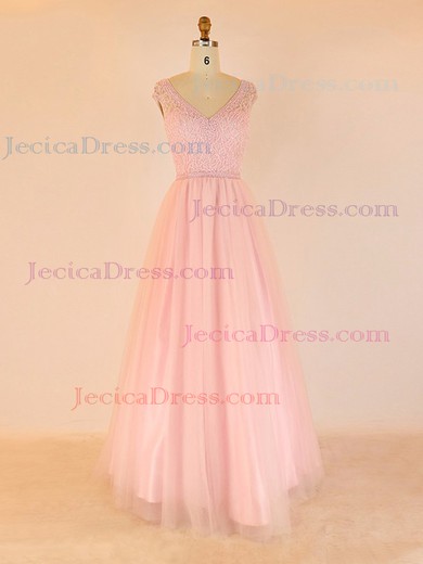 Tulle Princess V-neck Floor-length with Pearl Detailing Prom Dresses #JCD020104032