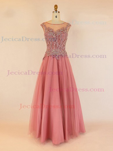Tulle Princess Scoop Neck Floor-length with Beading Prom Dresses #JCD020104033