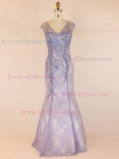 Lace Tulle Trumpet/Mermaid V-neck Floor-length with Crystal Detailing Prom Dresses #JCD020104034