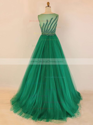 Tulle Lace Ball Gown Scoop Neck Watteau Train with Appliques Lace Prom Dresses #JCD020104042