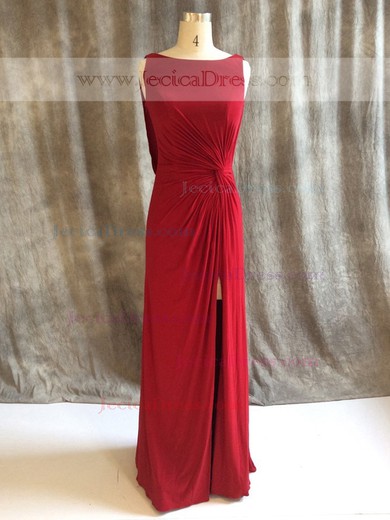 Tulle Chiffon Sheath/Column Scoop Neck Sweep Train with Split Front Prom Dresses #JCD020104116