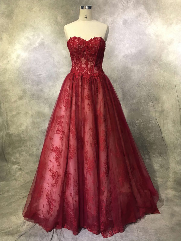 Lace Tulle Ball Gown Sweetheart Court Train with Appliques Lace Prom Dresses #JCD020104118