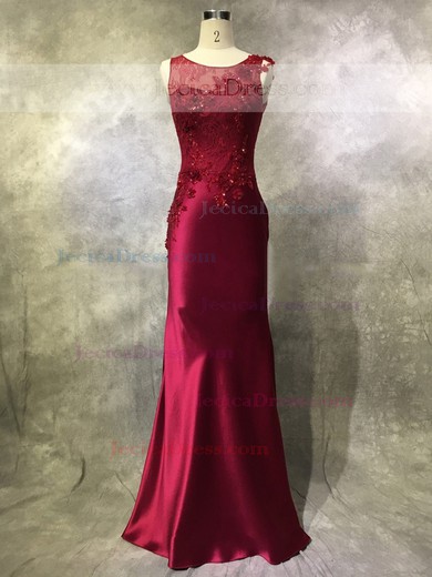 Lace Silk-like Satin Trumpet/Mermaid Scoop Neck Sweep Train with Appliques Lace Prom Dresses #JCD020104122