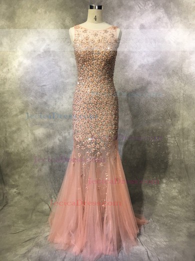 Tulle Trumpet/Mermaid Scoop Neck Sweep Train with Beading Prom Dresses #JCD020104123