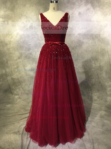 Tulle A-line V-neck Court Train with Sashes / Ribbons Prom Dresses #JCD020104125