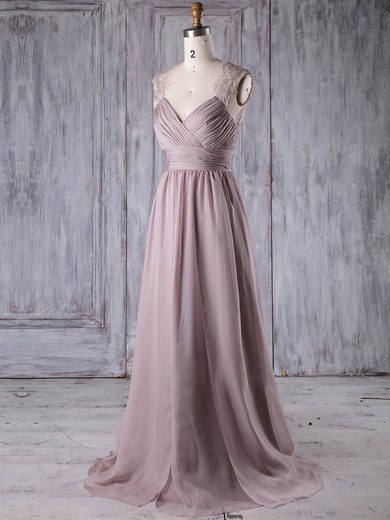 Lace Chiffon A-line V-neck Sweep Train with Ruffles Bridesmaid Dresses #JCD01013174