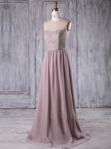 Lace Chiffon A-line Scoop Neck Sweep Train with Sashes / Ribbons Bridesmaid Dresses #JCD01013175