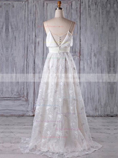 Lace A-line V-neck Sweep Train with Sashes / Ribbons Bridesmaid Dresses #JCD01013176