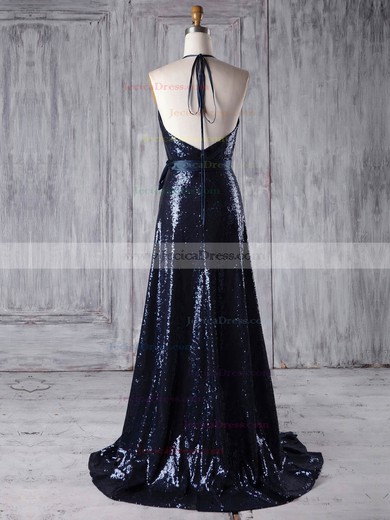 Sequined A-line Halter Sweep Train with Sashes / Ribbons Bridesmaid Dresses #JCD01013179
