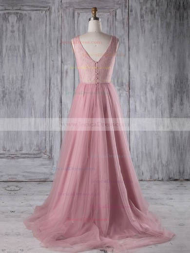 Tulle A-line Scoop Neck Sweep Train with Lace Bridesmaid Dresses #JCD01013180