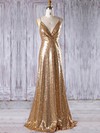 Sequined Empire V-neck Sweep Train with Ruffles Bridesmaid Dresses #JCD01013182