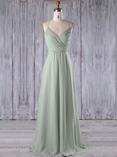 Chiffon Tulle A-line V-neck Floor-length with Appliques Lace Bridesmaid Dresses #JCD01013184