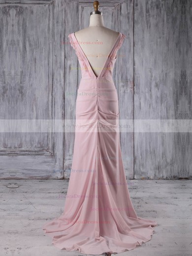 Chiffon Sheath/Column V-neck Sweep Train with Lace Bridesmaid Dresses #JCD01013187
