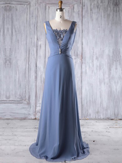 Lace Chiffon A-line Square Neckline Sweep Train with Beading Bridesmaid Dresses #JCD01013191
