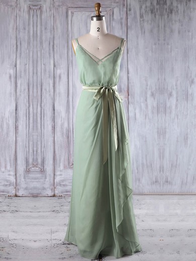 Chiffon A-line V-neck Floor-length with Sashes / Ribbons Bridesmaid Dresses #JCD01013197