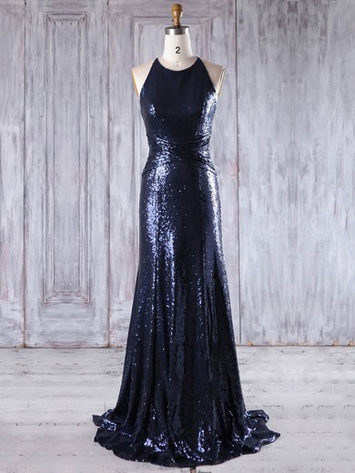 Sequined Sheath/Column Scoop Neck Sweep Train with Ruffles Bridesmaid Dresses #JCD01013201