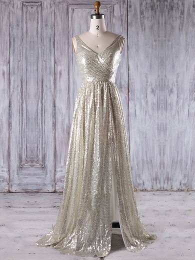 Sequined A-line V-neck Sweep Train with Split Front Bridesmaid Dresses #JCD01013202
