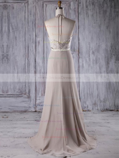 Lace Chiffon A-line Halter Sweep Train with Sashes / Ribbons Bridesmaid Dresses #JCD01013208