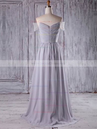 Chiffon Tulle A-line Off-the-shoulder Sweep Train with Beading Bridesmaid Dresses #JCD01013211