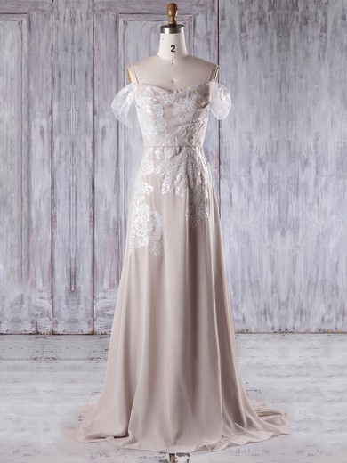 Tulle Chiffon A-line Off-the-shoulder Sweep Train with Appliques Lace Bridesmaid Dresses #JCD01013216