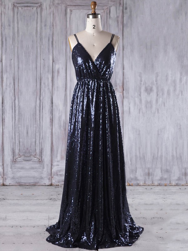 Sequined A-line V-neck Sweep Train with Embroidered Bridesmaid Dresses #JCD01013223