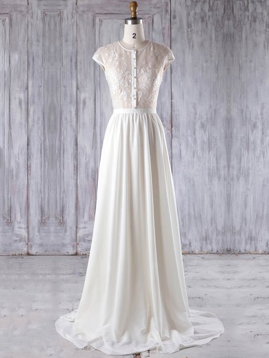 Chiffon Tulle A-line Scoop Neck Sweep Train with Appliques Lace Bridesmaid Dresses #JCD01013224
