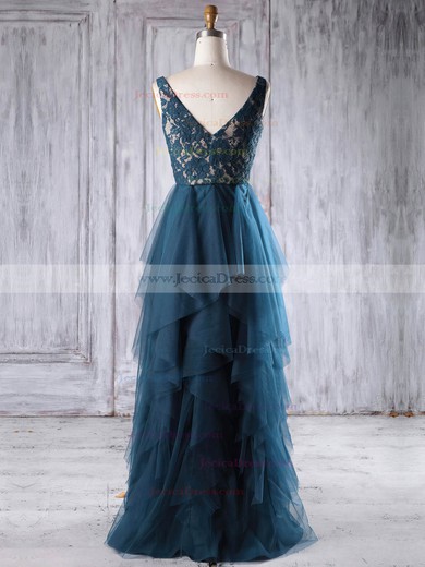 Lace Tulle A-line V-neck Floor-length with Tiered Bridesmaid Dresses #JCD01013225