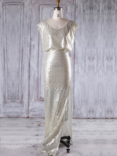 Sequined Sheath/Column Scoop Neck Floor-length with Split Front Bridesmaid Dresses #JCD01013228
