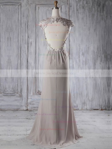 Chiffon Tulle Sheath/Column Scoop Neck Sweep Train with Appliques Lace Bridesmaid Dresses #JCD01013234