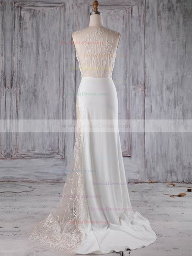 Chiffon Tulle Sheath/Column V-neck Sweep Train with Beading Bridesmaid Dresses #JCD01013236